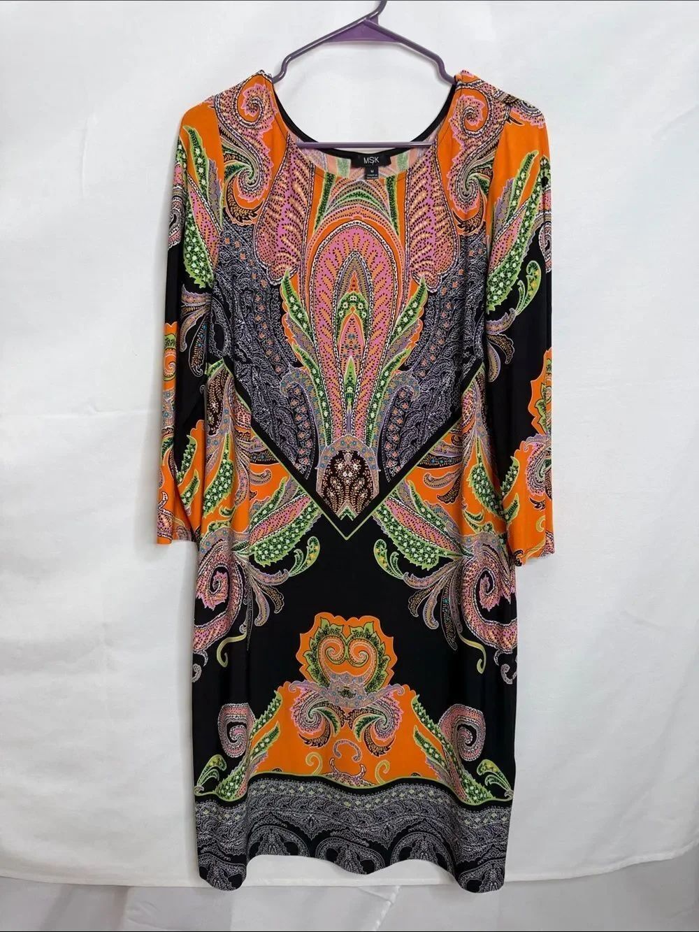 MSK Orange, Black & Green Paisley Long-Sleeve Dress